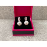 PAIR OF 18CT WHITE GOLD PINK SAPPHIRE AND PEARL DROP EARRINGS