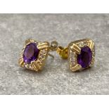 PAIR OF 14CT GOLD AMETHYST AND DIAMOND EARRINGS