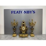 BEAUTIFUL MODERN FRENCH CLOCK WITH MATCHING PAIR CANDELABRAS SET WITH MARBLE AND GOLD DESIGN
