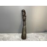 LARGE INDONESIAN HEAVY BETEL NUT CRUSHER OR PESTLE WITH FIGURAL HANDLE 20INCHES SEPIK RIVER