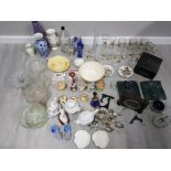 LARGE COLLECTIONS OF MISCELLANEOUS GLASS AND CERAMICS INCLUDES A SMITHS MANTEL CLOCK, TEAPOTS, VASES