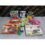 BOX OF CHILDRENS GAMES INCLUDING DOCTOR WHO ,DIECAST METAL KIT AND BUZZ LIGHTYEAR