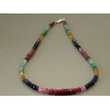 RUBY EMERALD AND BLUE SAPPHIRE BEADED NECKLACE WITH SILVER CATCH