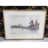 VICTOR NOBLE RAINBIRD 1887- 1936 FRAMED WATERCOLOUR OF WINDMILLS AND SHIPPING BY A CANAL SIGNED