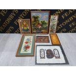 COLLECTION OF FRAMED TAPESTRIES WITH ITALIANATE, COPPER PLAQUE AND EGYPTIAN PHARAOH