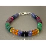 RUBY EMERALD AND BLUE SAPPHIRE BEADED BRACELET WITH SILVER CATCH