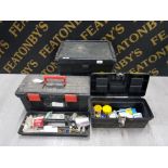 LARGE BLACK FISHING BOX TOGETHER WITH 2 TOOLBOXES BOTH WITH CONTENTS