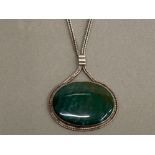 CABOCHON POLISHED STONE SILVER PENDANT ON WHITE METAL CHAIN