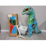 MIXED KIDS ITEMS INCLUDES WOODEN SHOPPING TROLLEY, MELISSA AND DOUG CUDDLY DINOSAUR AND A JUNIOR