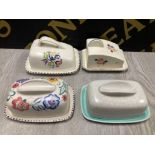 4 VARIOUS HAND PAINTED POOLE POTTERY CHEESE OR BUTTER COVERS