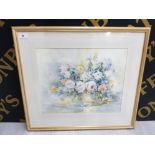 FRAMED WATERCOLOUR STILL LIFE OF FLOWERS OF ROSES, STOCKS AND DAHLIAS BY PENNY WARD 1914- 2005 NORTH