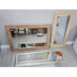 3 DECORATIVE WOODEN FRAMED MIRRORS 108 X 78 CM, 106 X 46 CM AND 130 X 39 CM