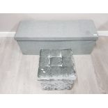 FOLDING DOWN GREY FABRIC BLANKET BOX SEAT TOGETHER WITH CRUSHED VELVET STORAGE BOX SEAT
