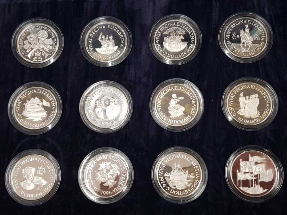 UK ROYAL MINT 1996 SILVER PROOF 12 CROWNS SET 70TH QUEEN ELIZABETH II BIRTHDAY HOUSED IN ORIGINAL - Image 2 of 6