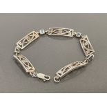 SILVER ORNATE LINK BRACELET SET WITH 4 AQUAMARINE STONES 14.5G