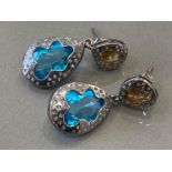 BLUE TOPAZ AND CITRINE EARRINGS WITH DIAMONDS IN SILVER
