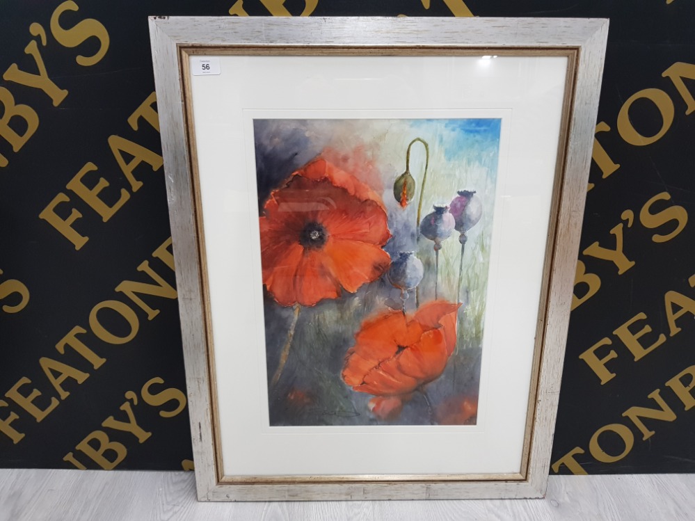 FRAMED WATERCOLOUR OF POPPIES SIGNATURE INDISTINCT 61 X 77 CM