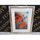 FRAMED WATERCOLOUR OF POPPIES SIGNATURE INDISTINCT 61 X 77 CM