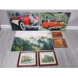 3 LARGE PHOTOS ON CANVAS OF VINTAGE CARS AND A FOREST SCENE WITH 2 FRAMED PRINTS AND 2 COPPERCRAFT