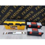 3 TOOLBOXES 1 WITH SCREWS AND DRILL BITS INCLUDES ZAG 60 CM, ALSO INCLUDES SMALL SPIRIT LEVEL 60 CM