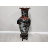 MASSIVE COMPOSITION ORIENTAL FLOOR VASE WITH EXTENSIVE DECORATION ON CARVED INLAID STAND 48 INCHES