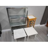 ALUMINIUM 4 SHELF STORAGE UNIT WITH A BEACH TILED TOP KITCHEN UNIT AND 2 SMALL WOODEN SIDE TABLES