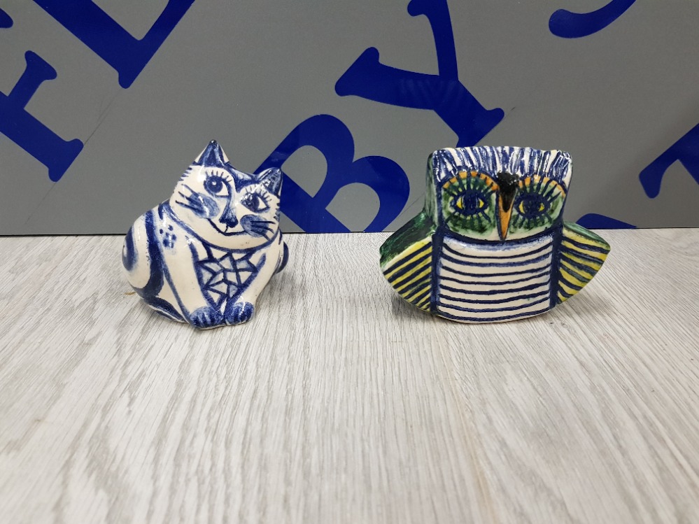 STUDIO POTTERY OWL AND CAT BY HELLE BENDSTRUP DENMARK BOTH PIECES SIGNED TO BASE