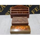 EASTWOOD HAND CARVED BOX TOGETHER WITH CARVED HARDWOOD LETTER RACK PLUS ONE OTHER