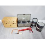 METAL TOOLBOX WITH WRENCHES AND SPANNERS ALSO INCLUDES SWOODEN STORAGE BOX AND 2 TUBS OF FARROW