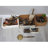 LARGE COLLECTION OF VINTAGE TOOLS INCLUDING HAMMERS, SPANNERS, 2 TINS AND A ORNAMENTAL BED WARMER