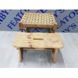 VINTAGE RUSH SEATED STOOL TOGETHER WITH A PINE CRACKET STOOL