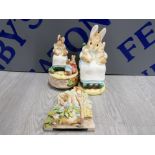 BEATRIX POTTER MRS RABBIT WITH BABIES MONEY BANK TOGETHER WITH PETER RABBIT PLAQUE AND MRS RABBIT