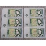 6 BANK OF ENGLAND ONE POUND NOTES SIR ISAAC NEWTON IN MINT CONDITION ALL CONSECUTIVE
