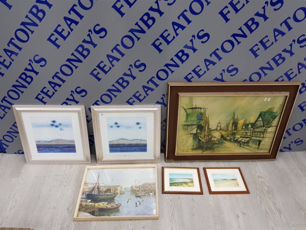 6 FRAMED PRINTS INCLUDES 2 BY RICHARD BARRET, HARBOUR SCENE BY VERNON WARD AND 2 SMALL PICTURESQUE