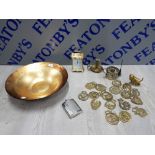 MARKS AND SPENCER HAND DECORATED GOLD LEAF BOWL WITH A COLLECTION OF BRASS ITEMS , MANTLE CLOCK