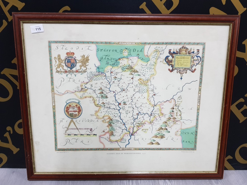 FRAMED REPRODUCTION COUNTY MAP SAXTONS MAP OF WORCESTERSHIRE 1577 IN THE STYLE OF JOHN SPEED 69 X 56