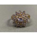 9CT YELLOW GOLD 37 STONE TANZANITE CLUSTER RING SIZE Q 3.6G GROSS