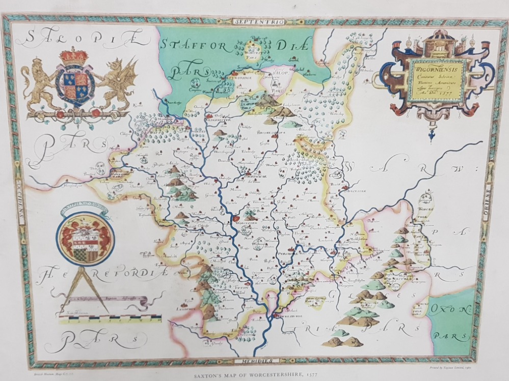 FRAMED REPRODUCTION COUNTY MAP SAXTONS MAP OF WORCESTERSHIRE 1577 IN THE STYLE OF JOHN SPEED 69 X 56 - Image 2 of 5
