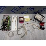 COLLECTION OF COSTUME JEWELLERY INCLUDING BROOCHES, NECKLACES, CUFFLINKS, RINGS AND WATCHES ETC