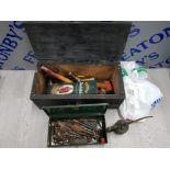 COLLECTION OF VINTAGE TOOLS INCLUDING HAMMERS, WESCO OIL CAN SPANNERS WITH ELECTRICAL ITEMS