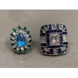 LARGE RECTANGULAR ART DECO STYLE DRESS STYLE RING SIZE L TOGETHER WITH BLUE WHITE AND GREEN FLOWER