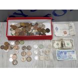 BOX OF OLD VINTAGE COINS WITH 2 OLD NOTES AND A POSTAL ORDER INCLUDES, ONE PENNYS, 2 QUEEN ELIZABETH