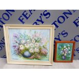 2 FRAMED STILL LIFE OIL PAINTINGS ON BOARD BY T. RICHARDS 57 X 49 CM, 24 X 30 CM