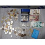 COLLECTION OF FOREIGN COINS AND NOTES INCLUDES OLD TURKISH LIRA, 2 1965 WINSTON CHURCHILL