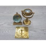 3 BRASS ITEMS INCLUDES A SWIVEL COMPASS CLOCK AND A SUNDIAL