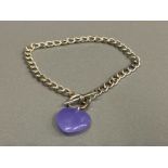 SILVER LINK BRACELET WITH LILAC JADE HEART PENDANT 8.9G GROSS