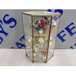 GLASS DISPLAY TABLE CABINET WITH MINATURE PORCELAIN FLOWER FIGURES