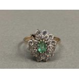 9CT YELLOW GOLD EMERALD AND CZ 3 ROW CLUSTER RING ONE CZ MISSING SIZE N1/2 2.2G GROSS