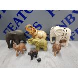 8 VARIOUS SIZED ELEPHANT ORNAMENTS INCLUDES CARVED ELEPHANTS RESIN ETC