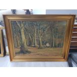 VERY LARGE GILT FRAMED CONTINENTAL OIL ON CANVAS OF FARMHOUSE IN WOODLAND SIGNED INDISTINLY 39
